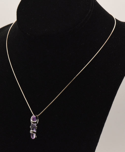 Bluish Purple Cut Glass Sterling Silver Pendant on Sterling Silver Italian Snake Link Chain Necklace - 16.5"