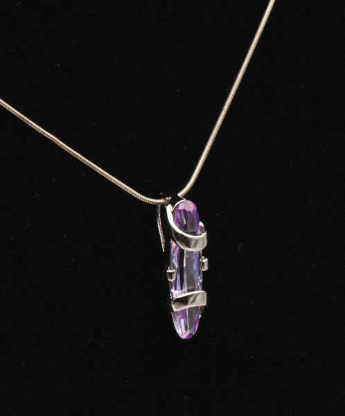 Bluish Purple Cut Glass Sterling Silver Pendant on Sterling Silver Italian Snake Link Chain Necklace - 16.5"