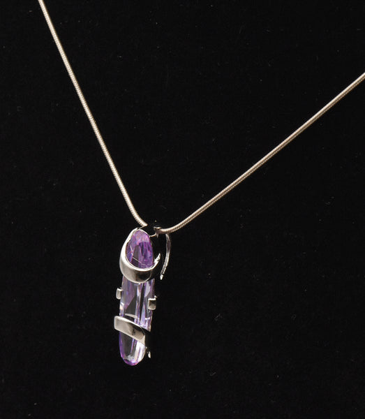 Bluish Purple Cut Glass Sterling Silver Pendant on Sterling Silver Italian Snake Link Chain Necklace - 16.5"