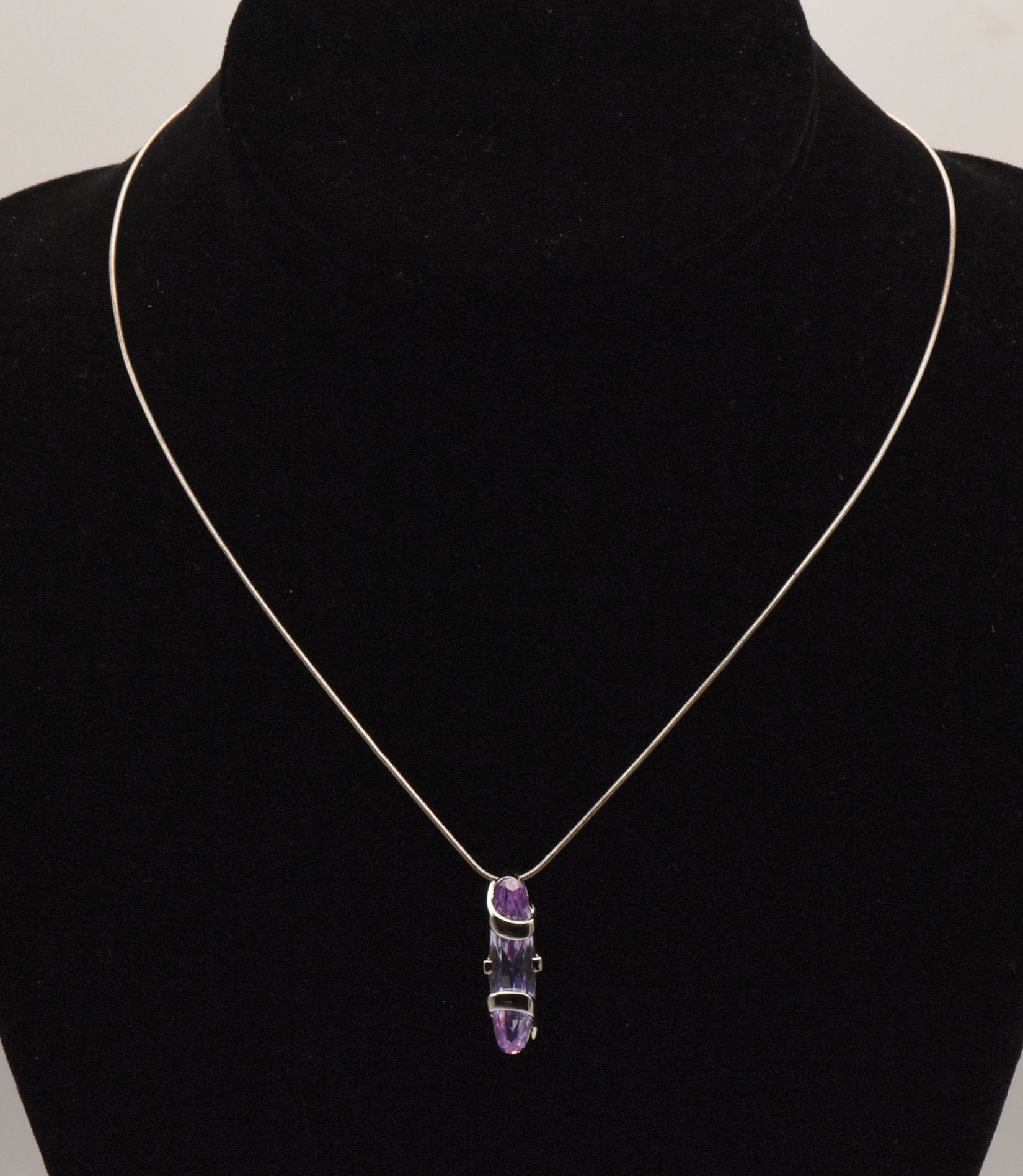 Bluish Purple Cut Glass Sterling Silver Pendant on Sterling Silver Italian Snake Link Chain Necklace - 16.5"