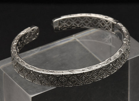 Vintage Sterling Silver Diamond Studded Hinged Cuff Bracelet