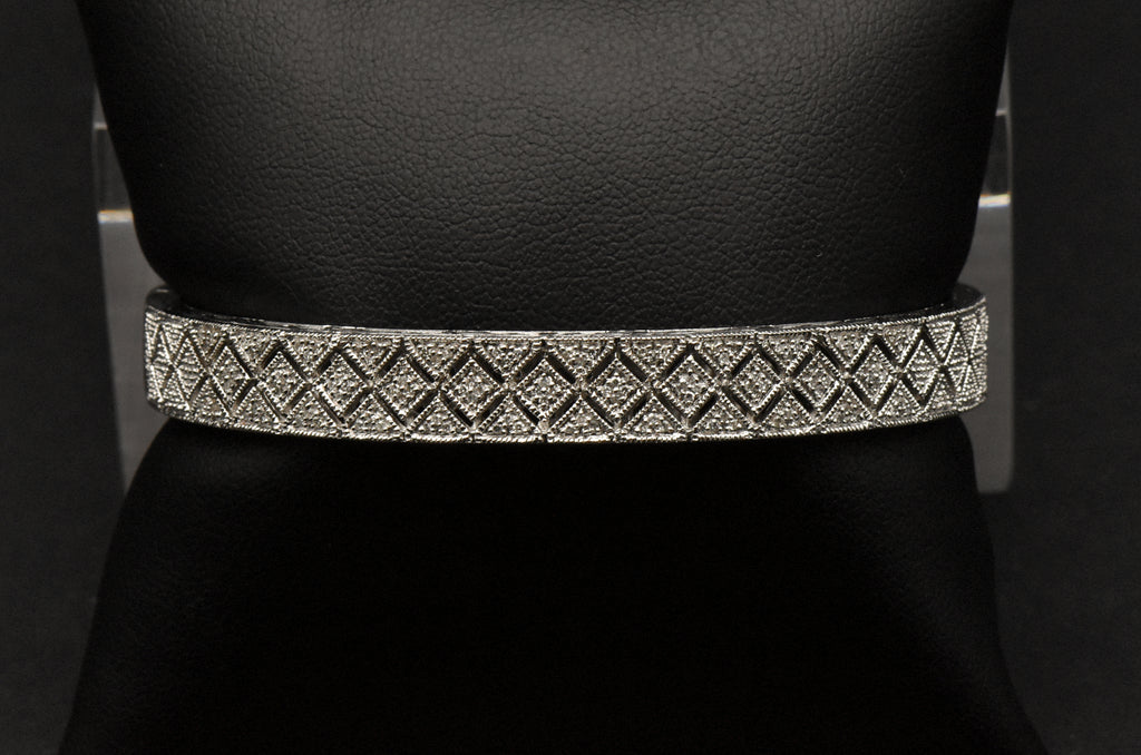 Vintage Sterling Silver Diamond Studded Hinged Cuff Bracelet