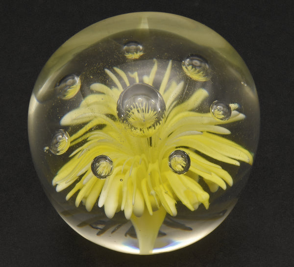 Vintage Light Yellow Flower Encased Glass Paperweight
