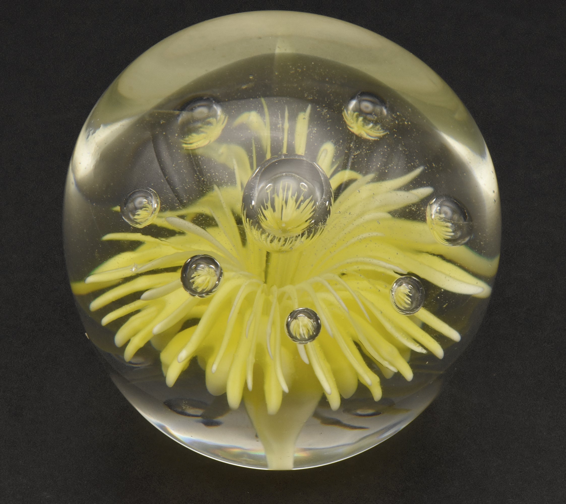 Vintage Light Yellow Flower Encased Glass Paperweight