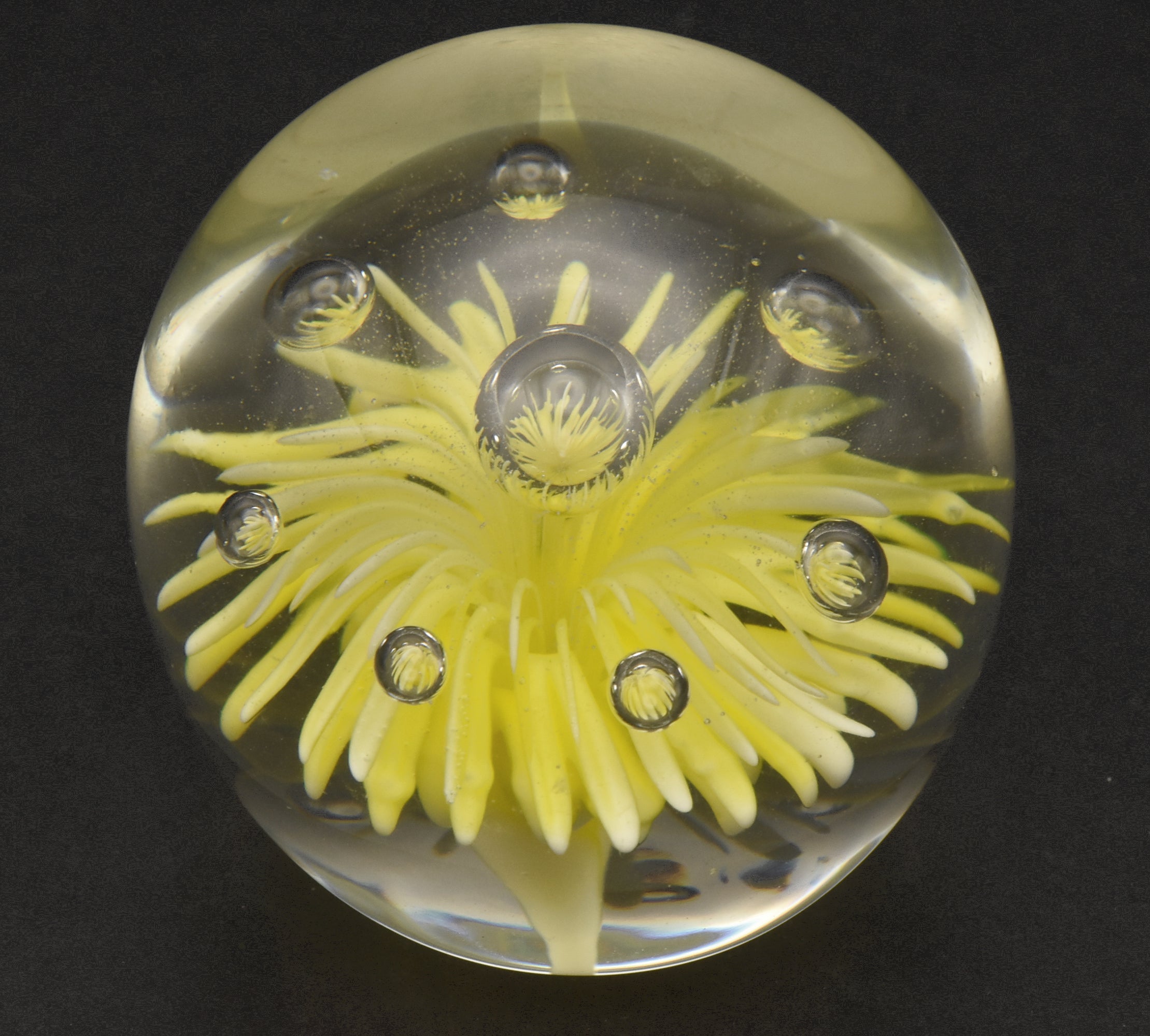 Vintage Light Yellow Flower Encased Glass Paperweight