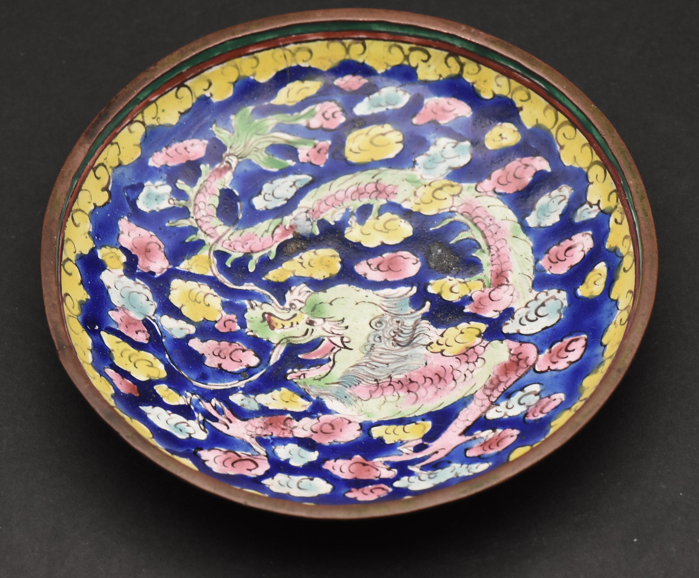 Vintage Hand Painted Dragon Enamel Trinket Dish - See photos