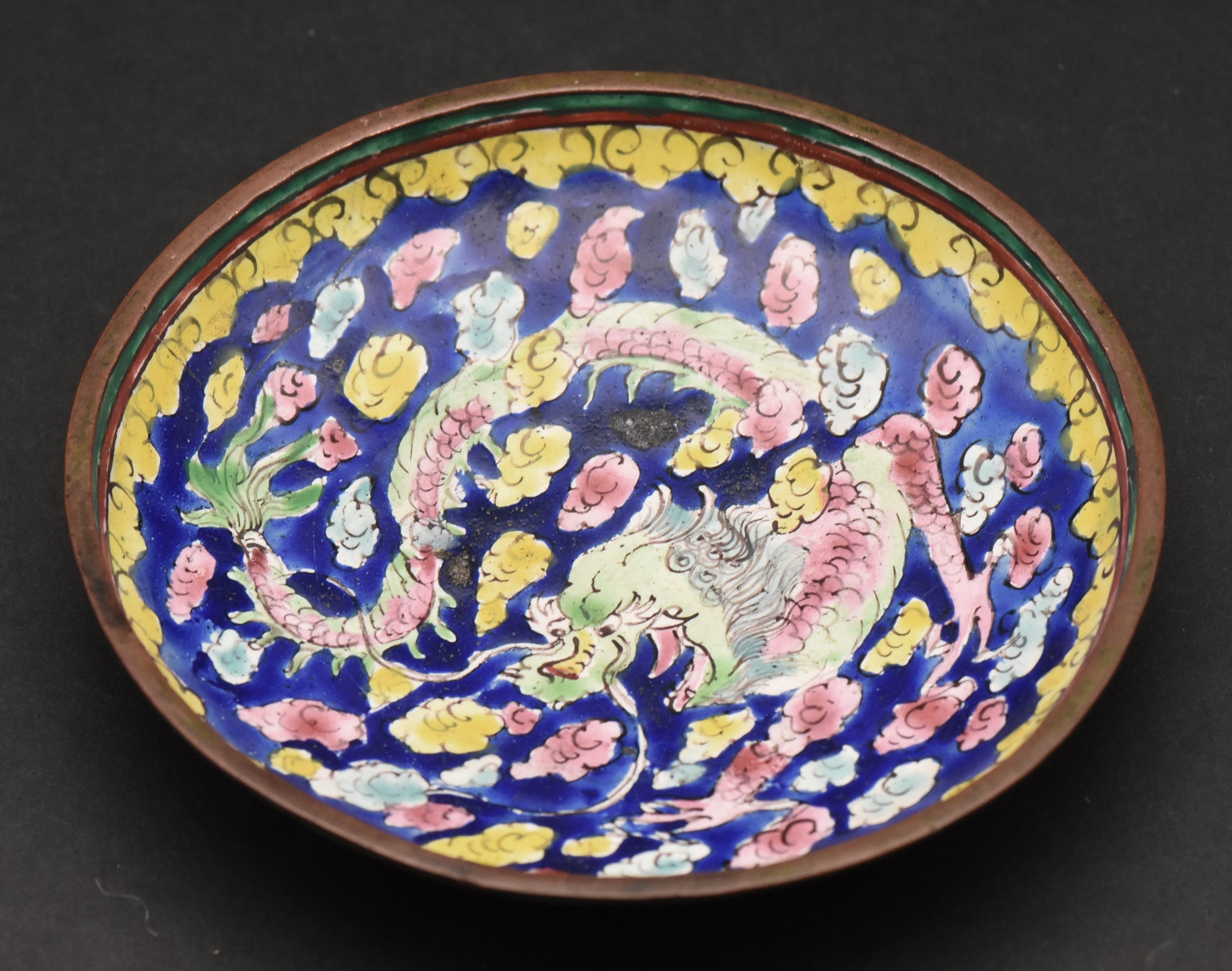 Vintage Hand Painted Dragon Enamel Trinket Dish - See photos