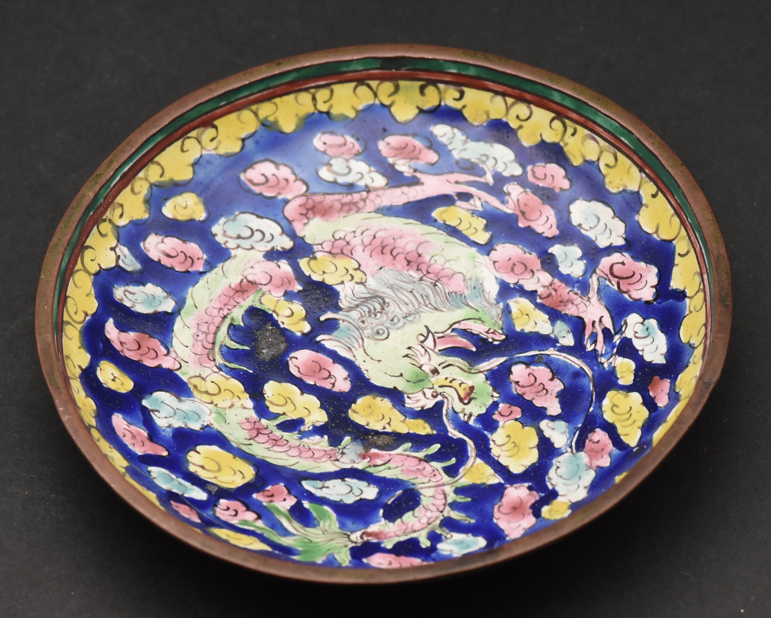 Vintage Hand Painted Dragon Enamel Trinket Dish - See photos