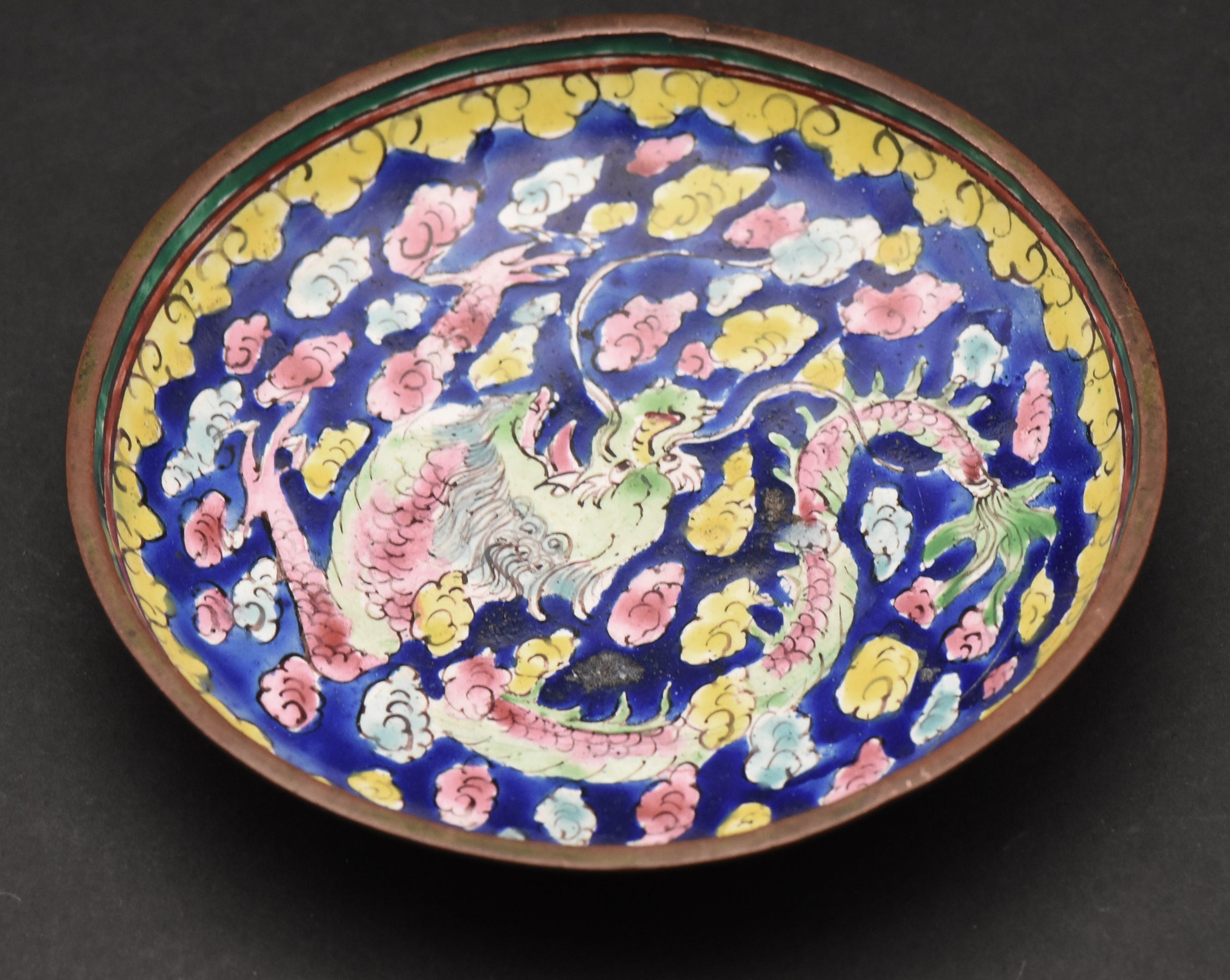 Vintage Hand Painted Dragon Enamel Trinket Dish - See photos