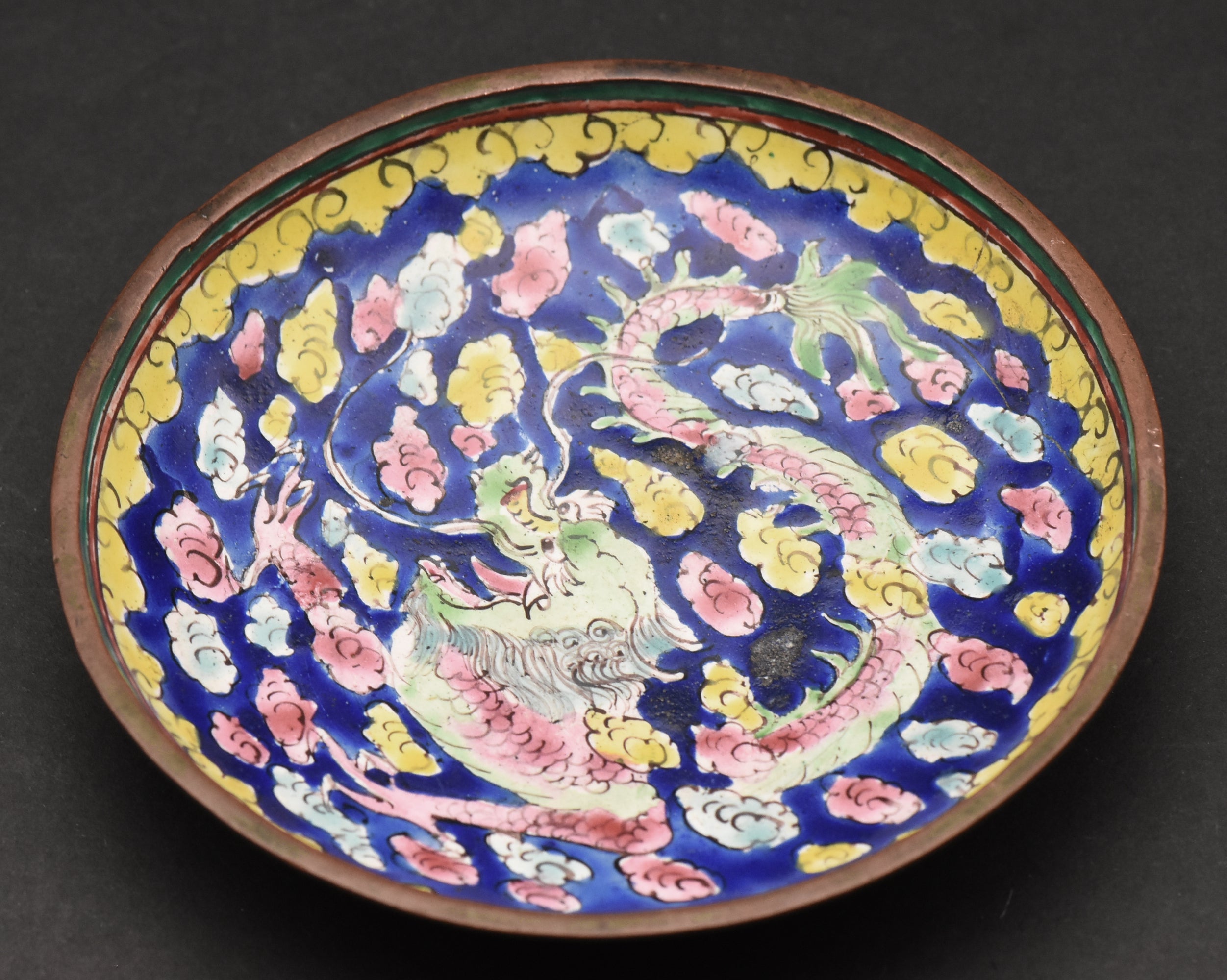 Vintage Hand Painted Dragon Enamel Trinket Dish - See photos