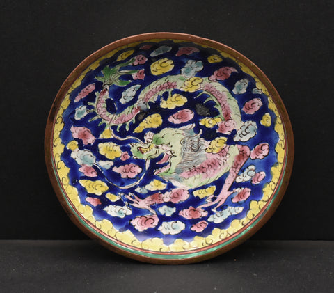 Vintage Hand Painted Dragon Enamel Trinket Dish - See photos