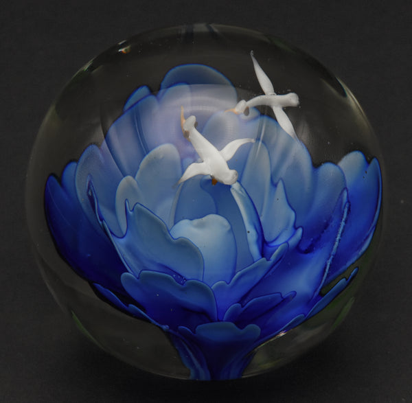 Vintage Blue Flower with Flying Birds Encased Glass Paperweight