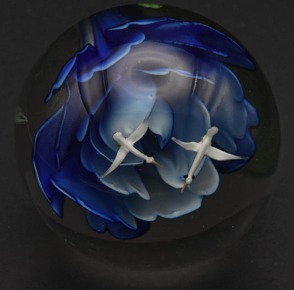 Vintage Blue Flower with Flying Birds Encased Glass Paperweight