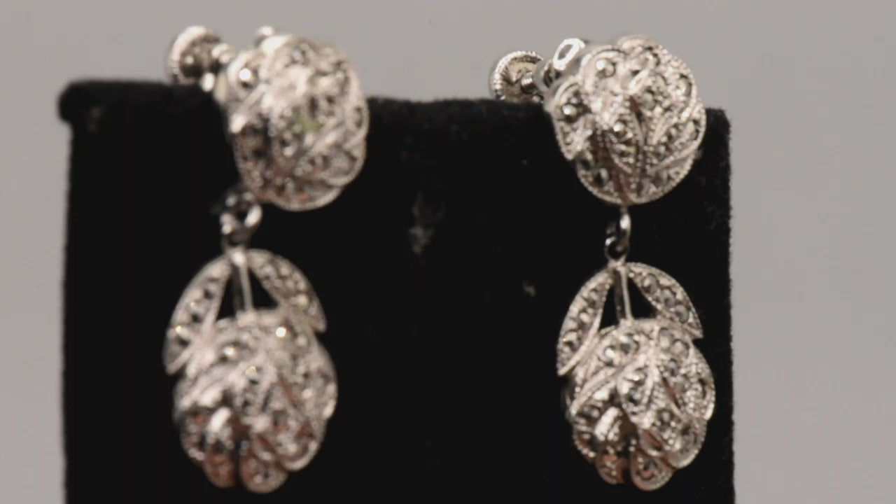 Sterling Silver Art Deco Marcasite Dangle Earrings