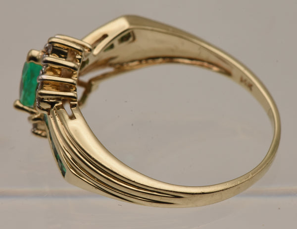 Vintage 14K Gold Synthetic Emerald and Diamonds Ring - Size 8