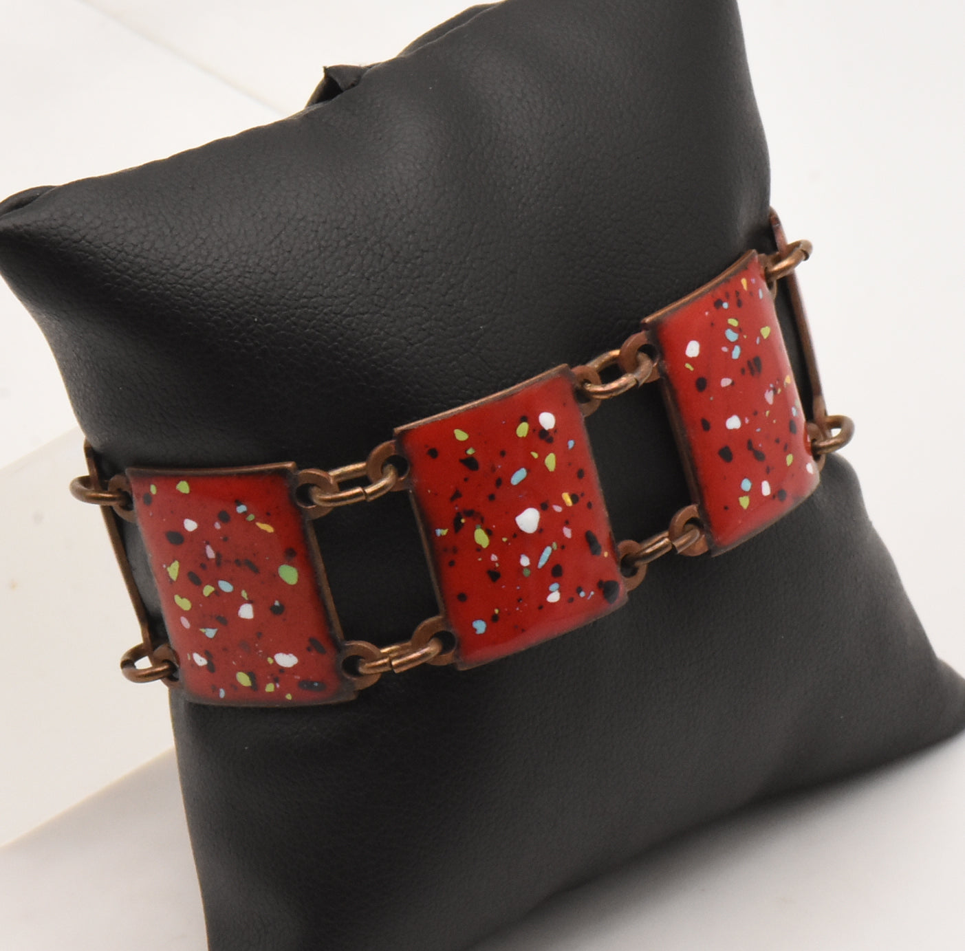 Vintage Copper and Speckled Red Enamel Link Bracelet - 6.5"