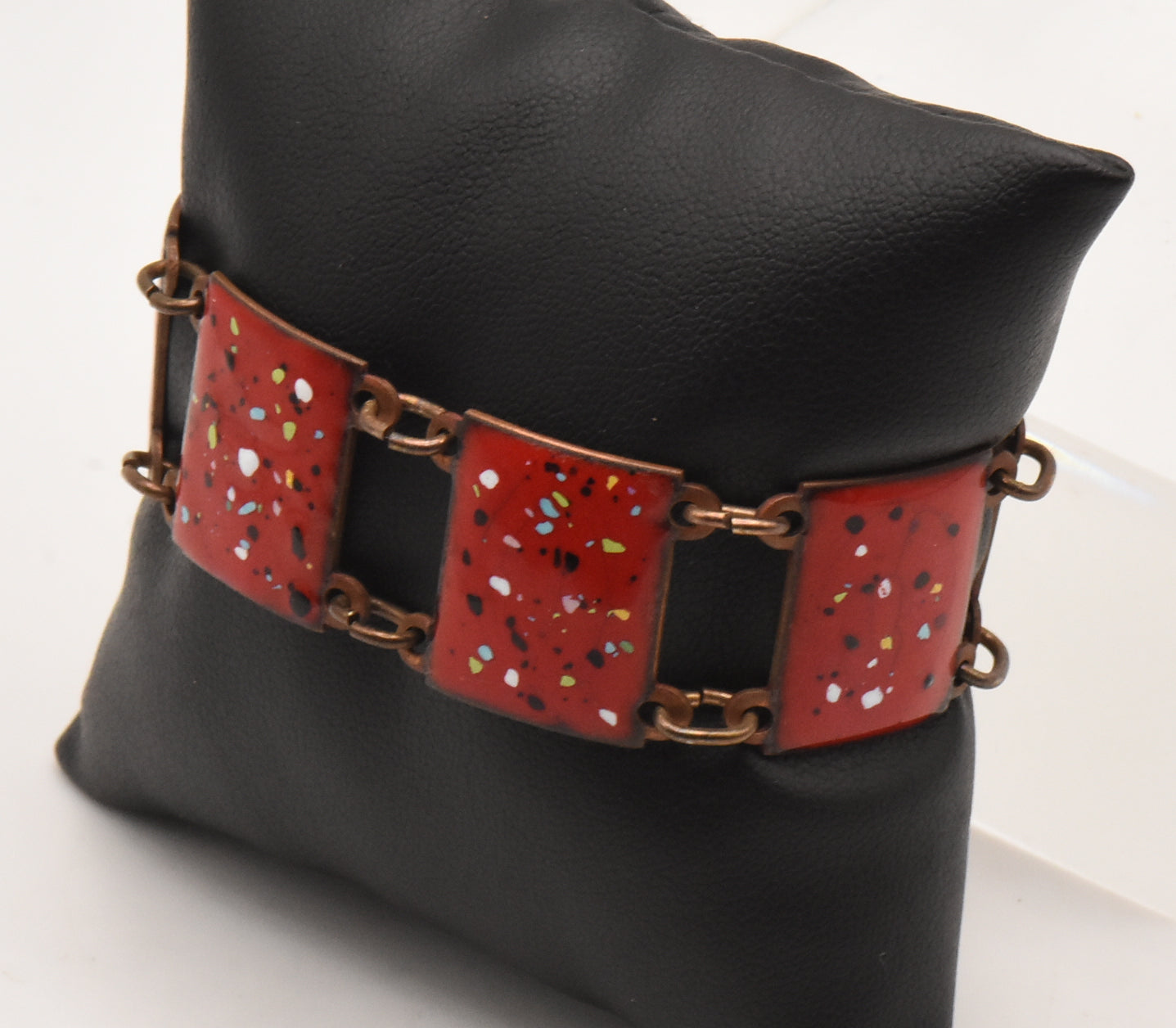 Vintage Copper and Speckled Red Enamel Link Bracelet - 6.5"