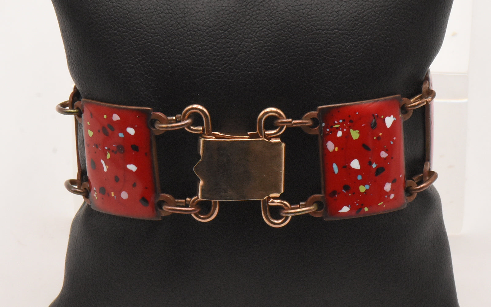 Vintage Copper and Speckled Red Enamel Link Bracelet - 6.5"