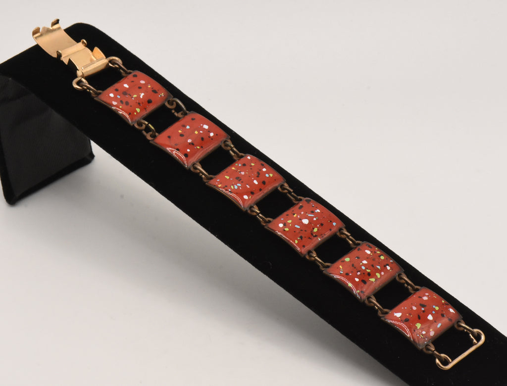 Vintage Copper and Speckled Red Enamel Link Bracelet - 6.5"