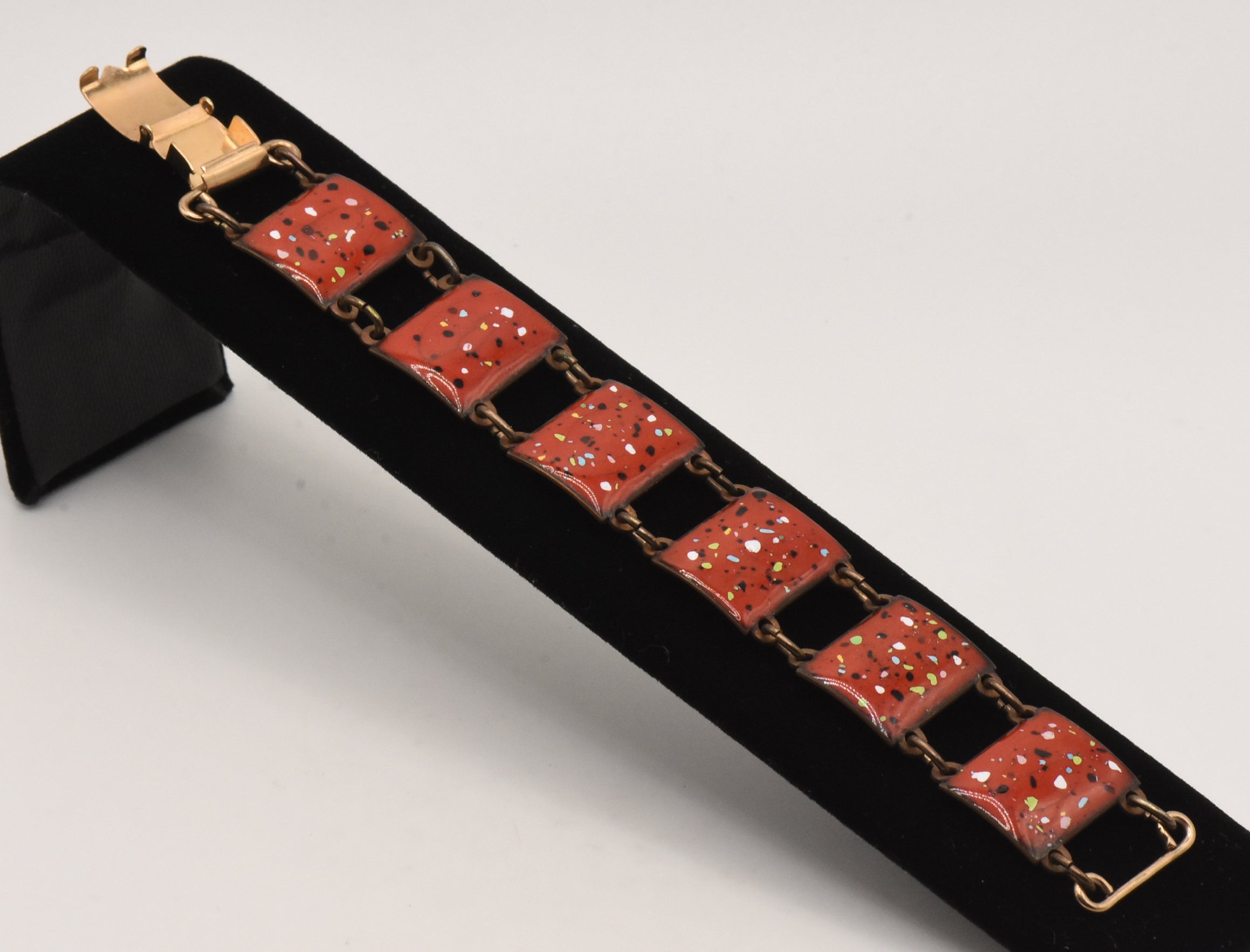Vintage Copper and Speckled Red Enamel Link Bracelet - 6.5"