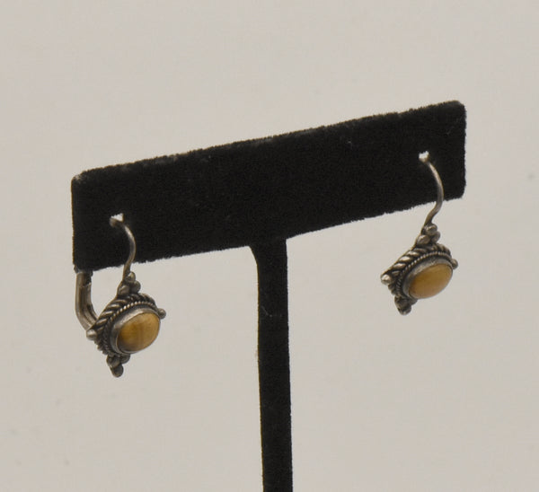 Vintage Sterling Silver Honey Tiger's Eye Earrings - BROKEN CLOSURE