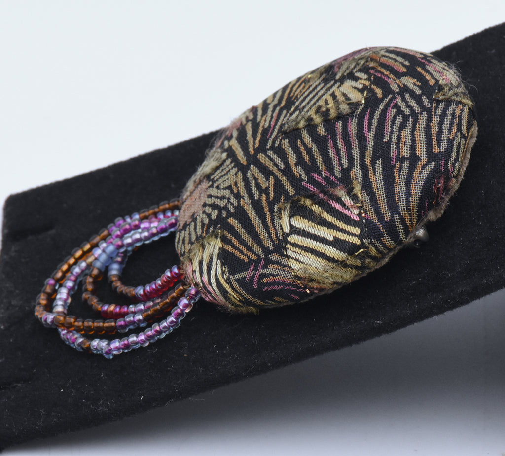 Vintage Patchwork Fabric Brooch with Dangle Beads