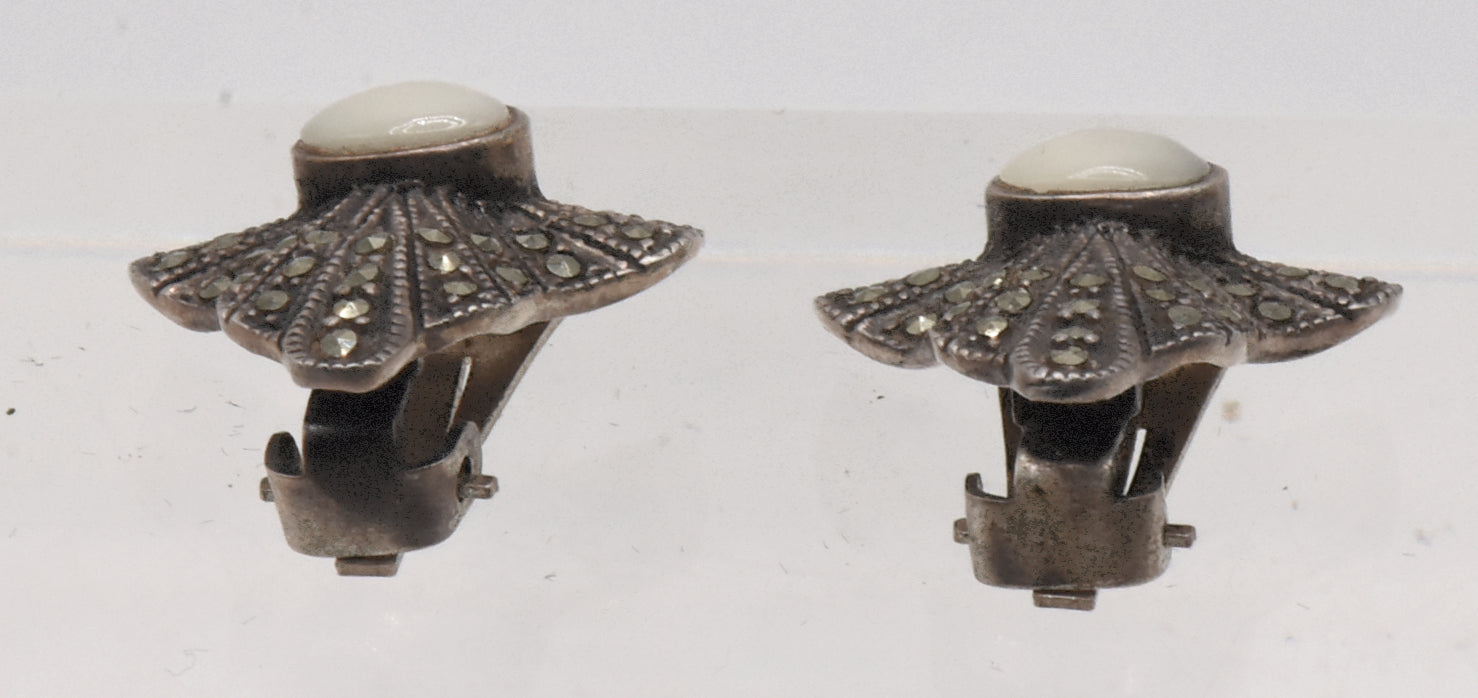 Vintage Sterling Silver Art Deco Mother of Pearl and Marcasite Clip On Earrings