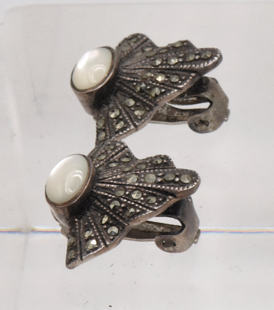 Vintage Sterling Silver Art Deco Mother of Pearl and Marcasite Clip On Earrings