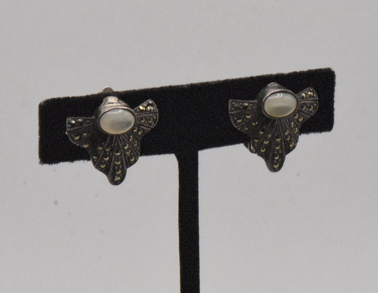 Vintage Sterling Silver Art Deco Mother of Pearl and Marcasite Clip On Earrings