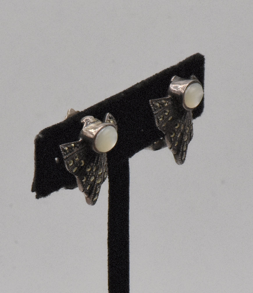 Vintage Sterling Silver Art Deco Mother of Pearl and Marcasite Clip On Earrings