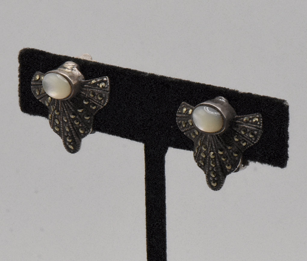 Vintage Sterling Silver Art Deco Mother of Pearl and Marcasite Clip On Earrings