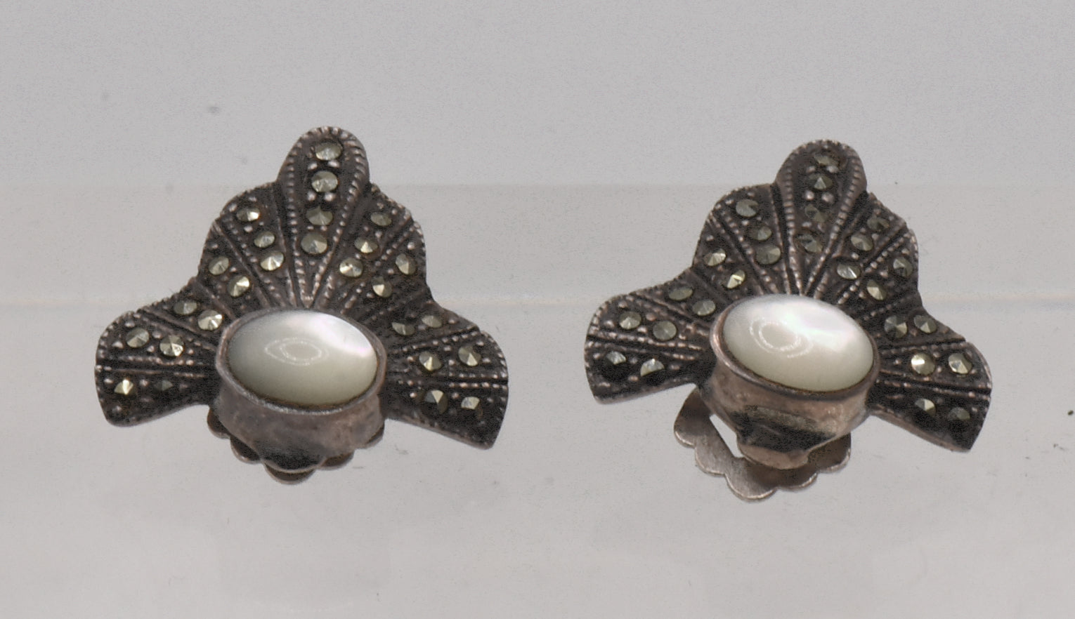 Vintage Sterling Silver Art Deco Mother of Pearl and Marcasite Clip On Earrings