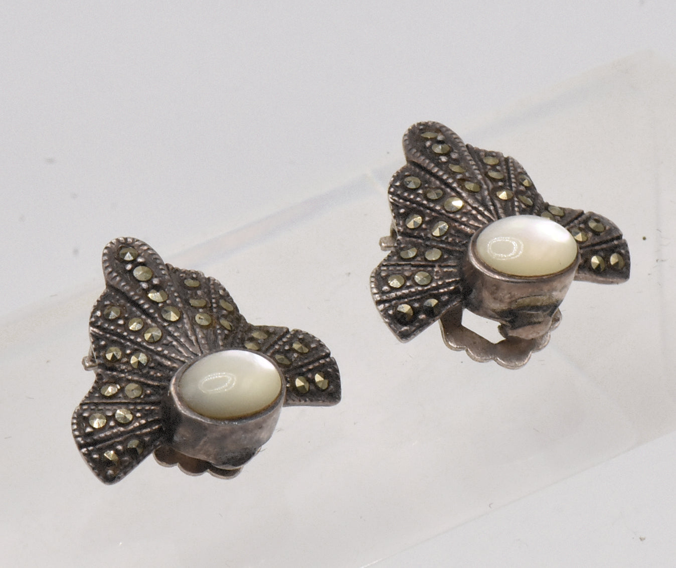 Vintage Sterling Silver Art Deco Mother of Pearl and Marcasite Clip On Earrings
