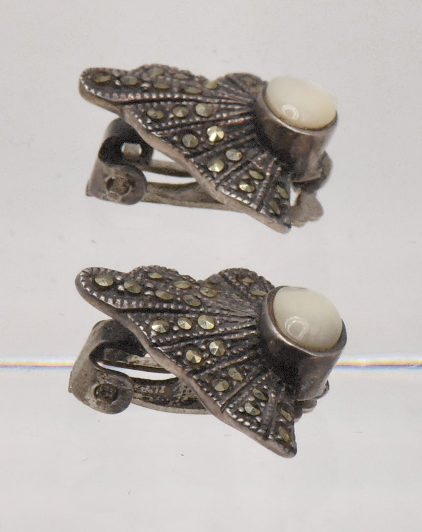 Vintage Sterling Silver Art Deco Mother of Pearl and Marcasite Clip On Earrings