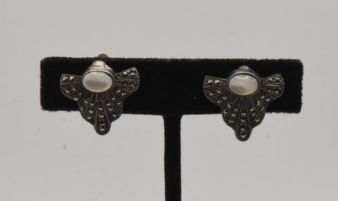 Vintage Sterling Silver Art Deco Mother of Pearl and Marcasite Clip On Earrings