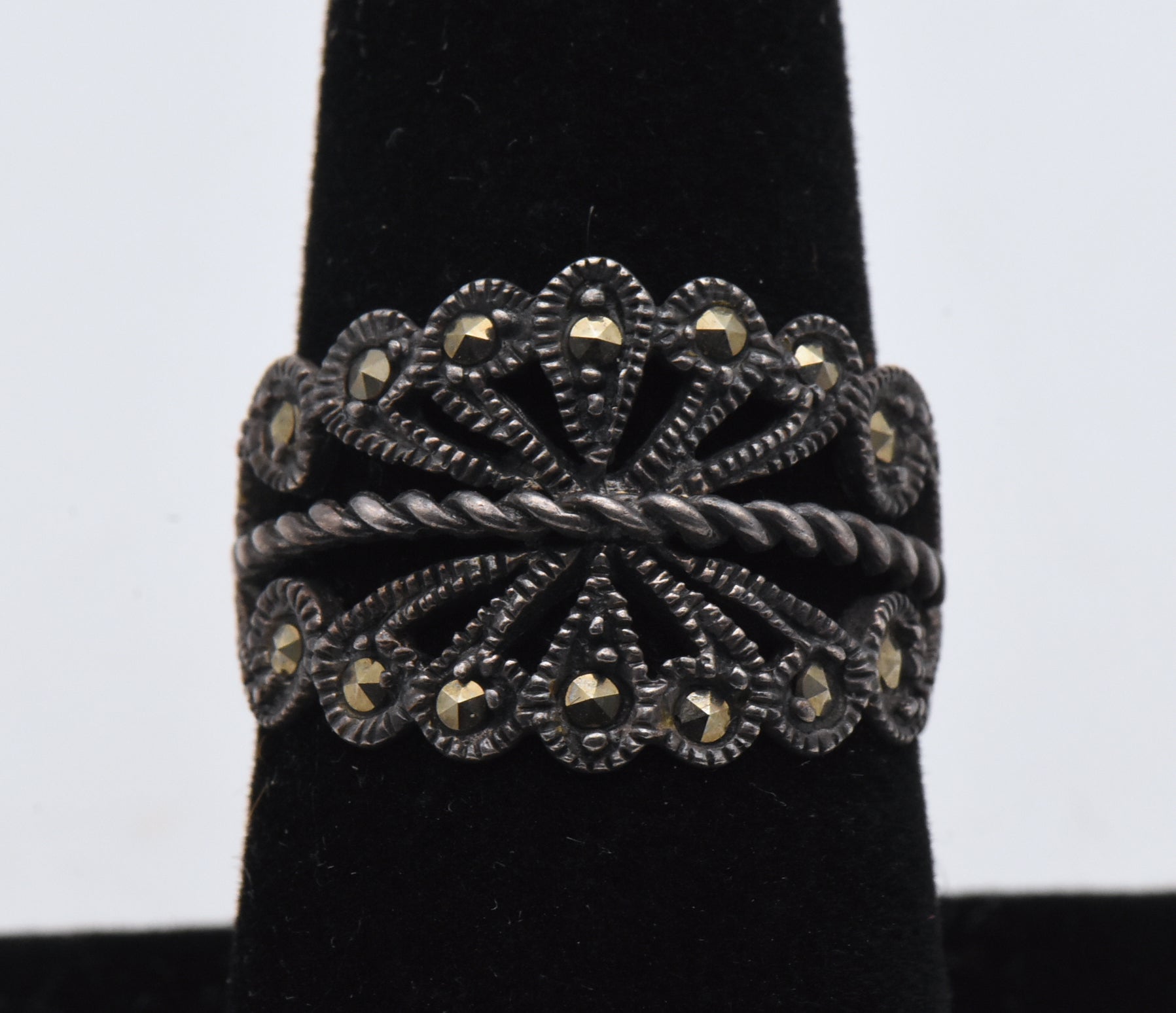 Vintage Sterling Silver and Marcasite Filigree Ring - Size 7.75