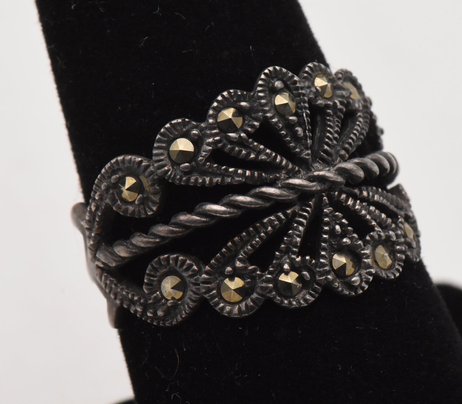 Vintage Sterling Silver and Marcasite Filigree Ring - Size 7.75