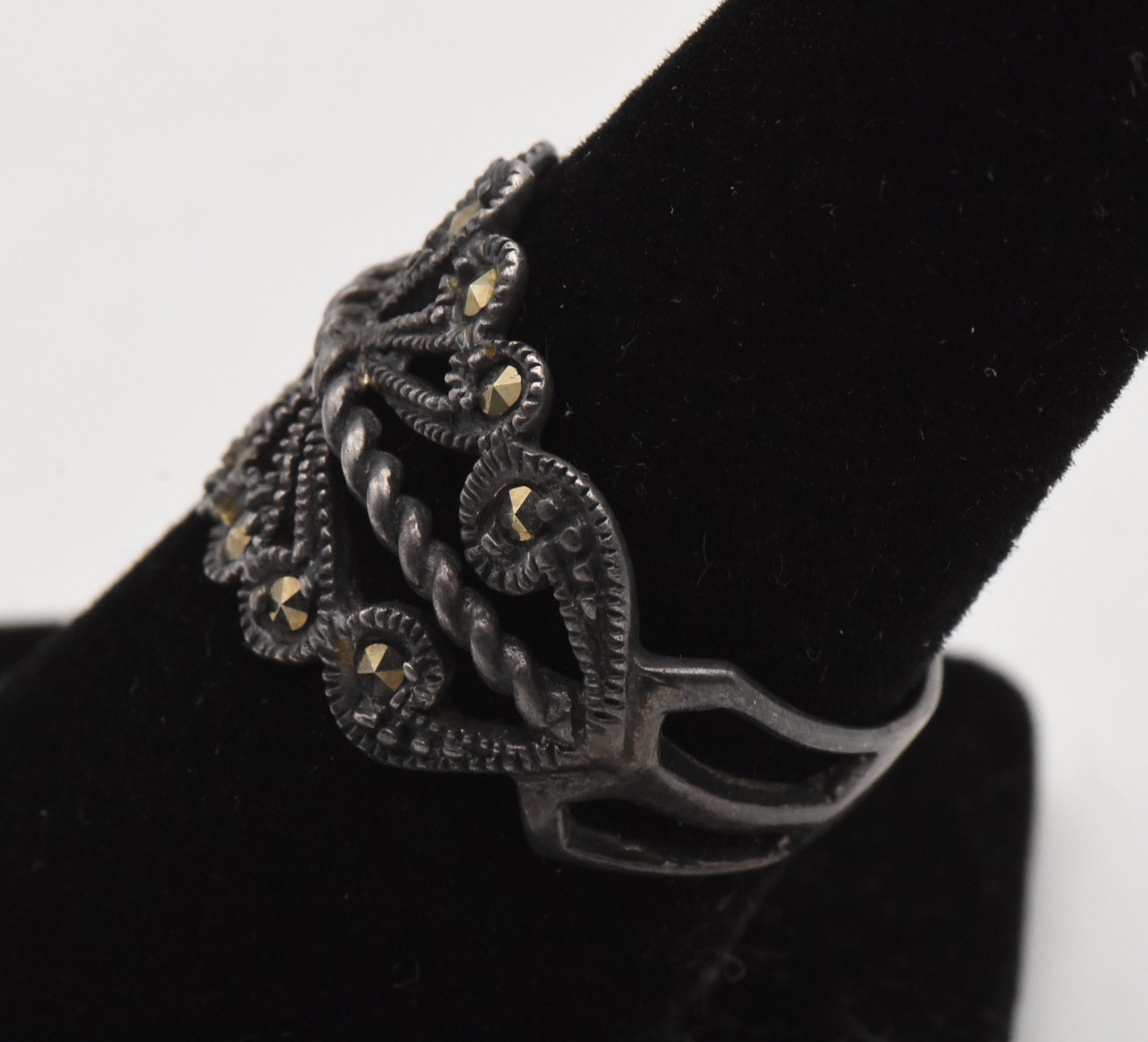 Vintage Sterling Silver and Marcasite Filigree Ring - Size 7.75