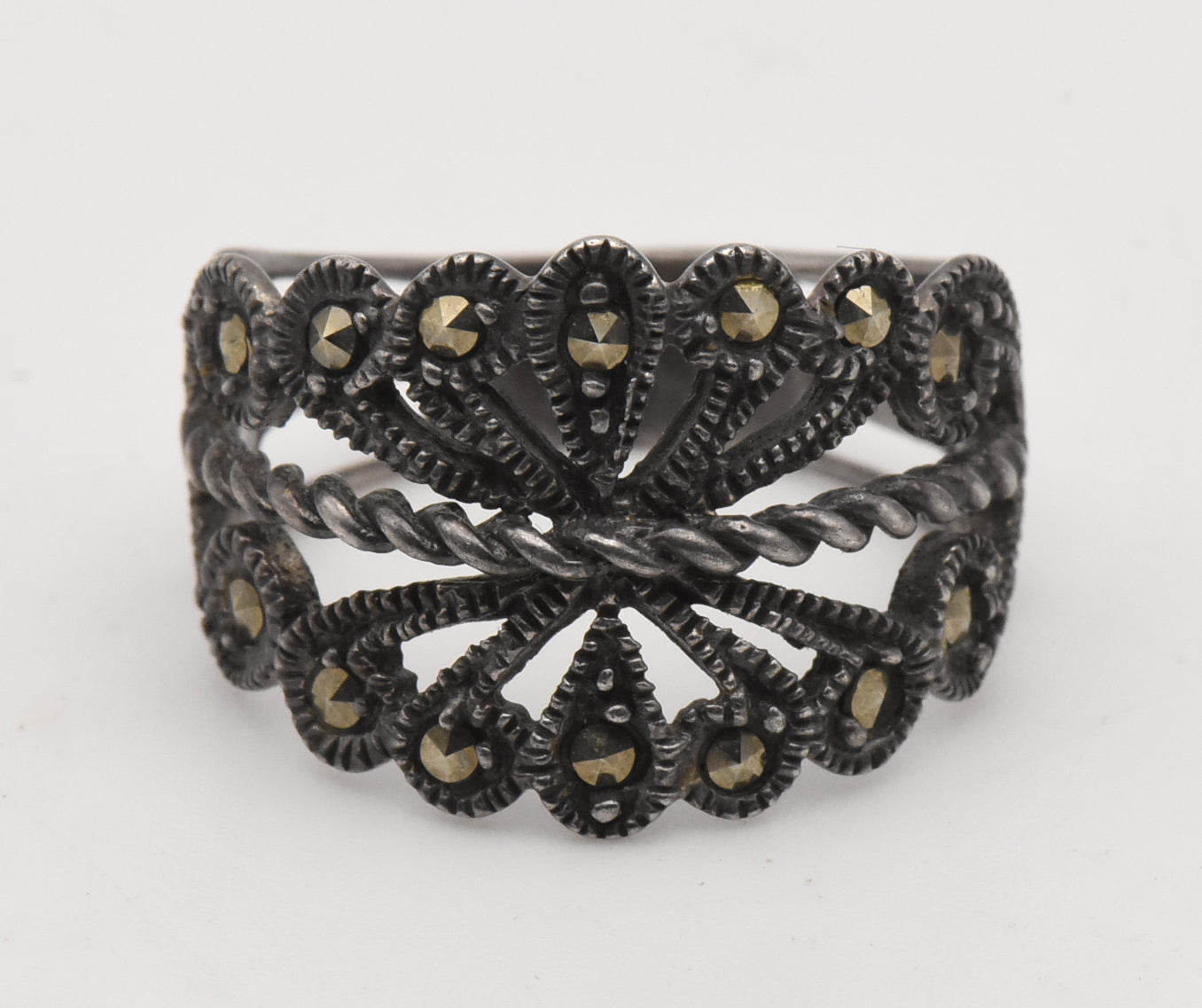 Vintage Sterling Silver and Marcasite Filigree Ring - Size 7.75