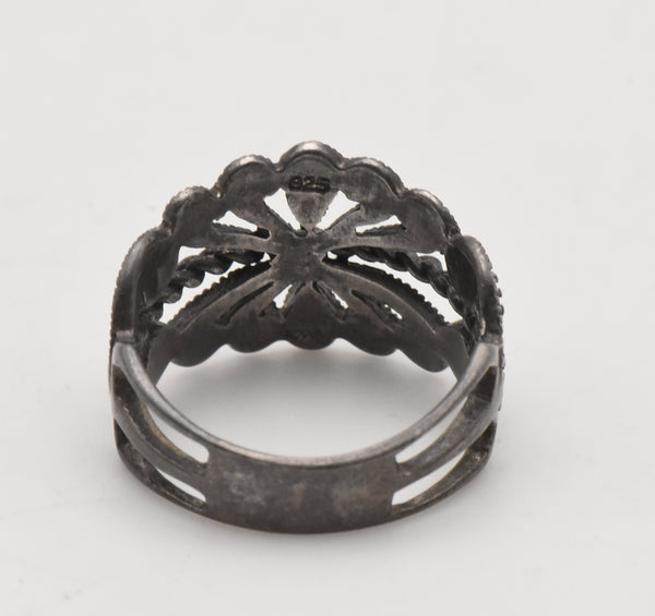 Vintage Sterling Silver and Marcasite Filigree Ring - Size 7.75