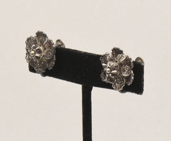 Vintage Filigree Silver Flower Screw Back Earrings