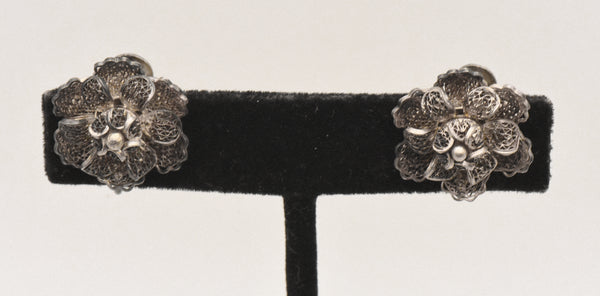 Vintage Filigree Silver Flower Screw Back Earrings