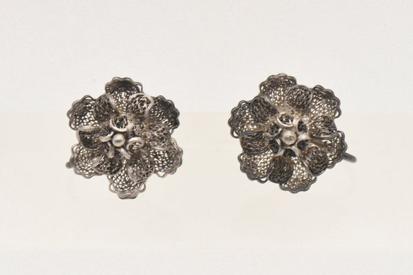 Vintage Filigree Silver Flower Screw Back Earrings