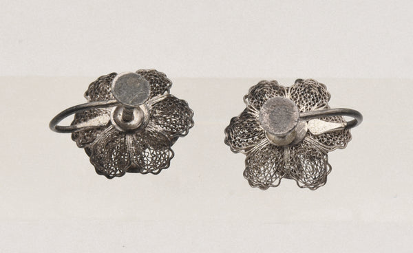 Vintage Filigree Silver Flower Screw Back Earrings