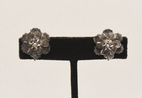Vintage Filigree Silver Flower Screw Back Earrings