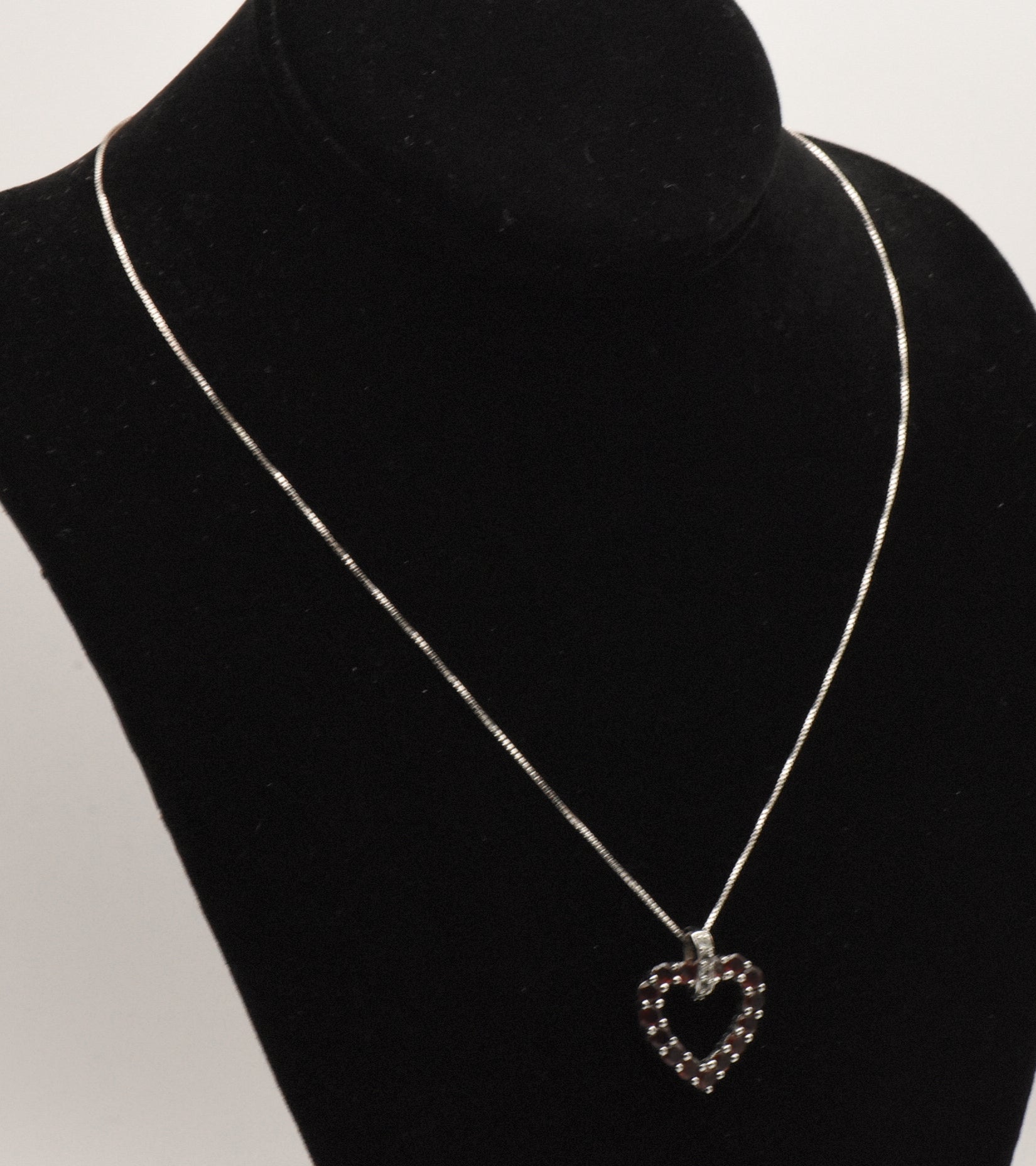 Vintage Sterling Silver Red Garnet and Colorless Topaz Heart Pendant on Sterling Chain Necklace - 18.25"