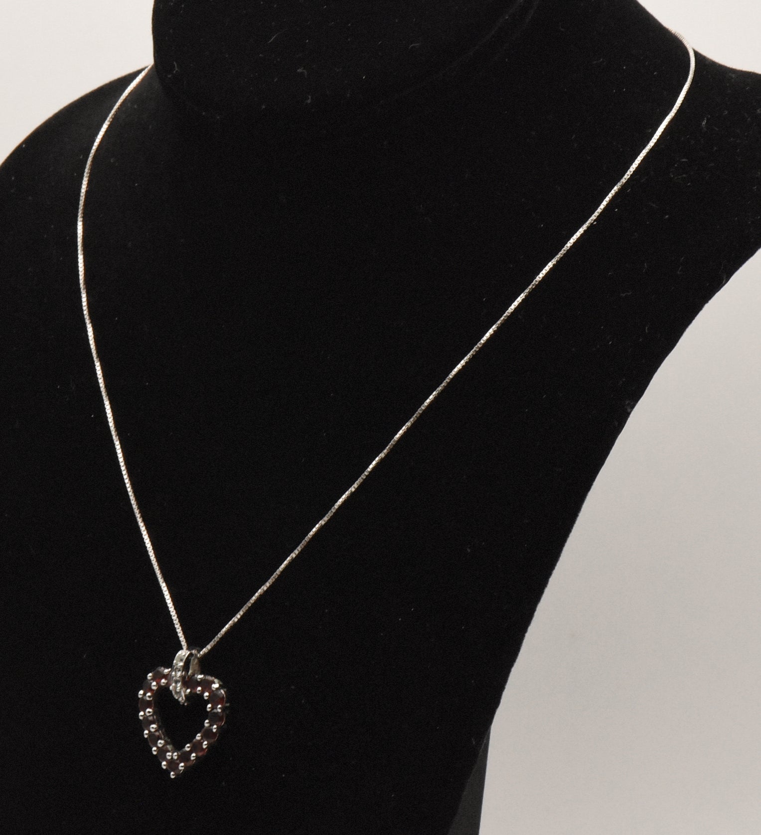 Vintage Sterling Silver Red Garnet and Colorless Topaz Heart Pendant on Sterling Chain Necklace - 18.25"