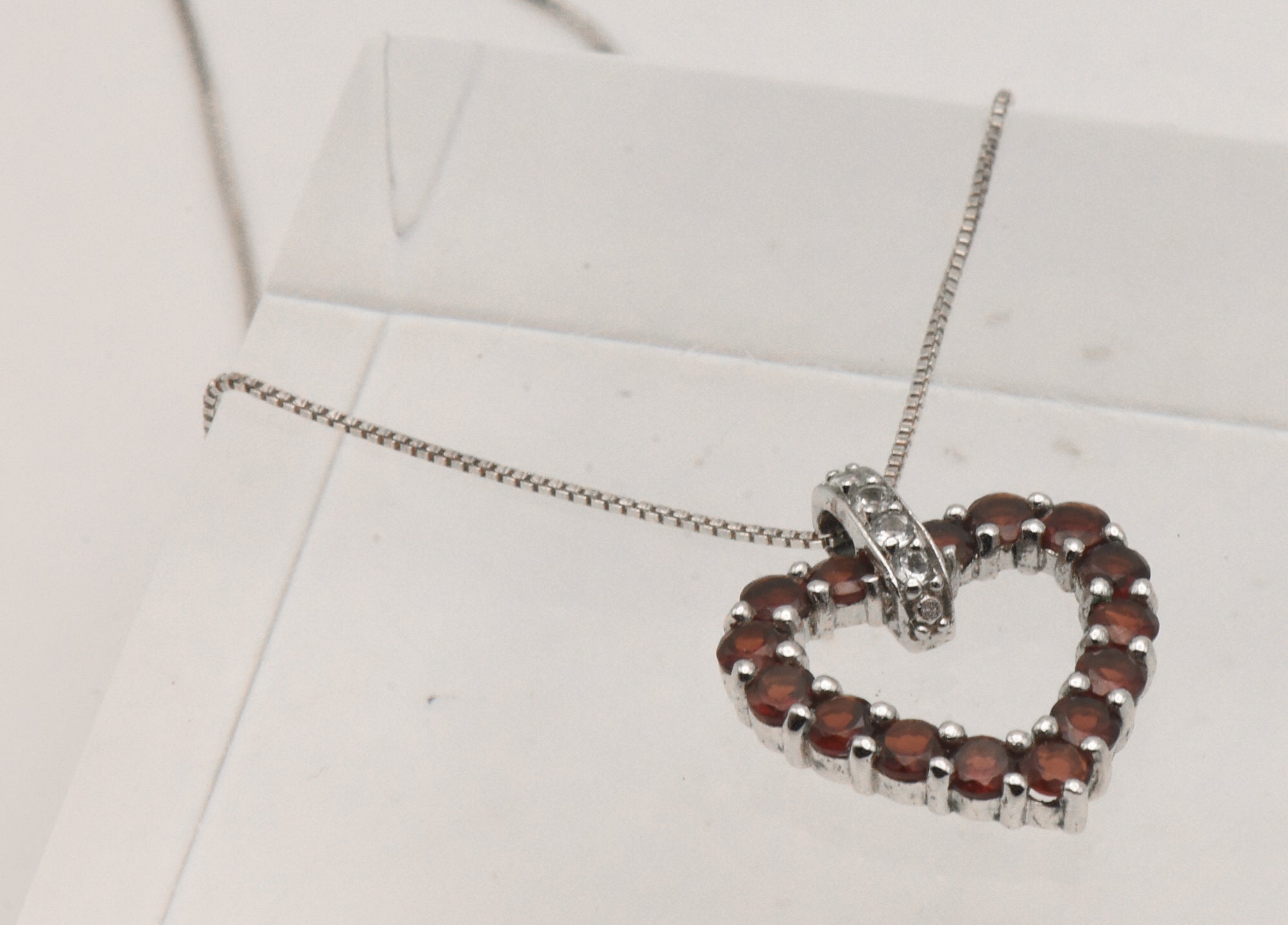 Vintage Sterling Silver Red Garnet and Colorless Topaz Heart Pendant on Sterling Chain Necklace - 18.25"