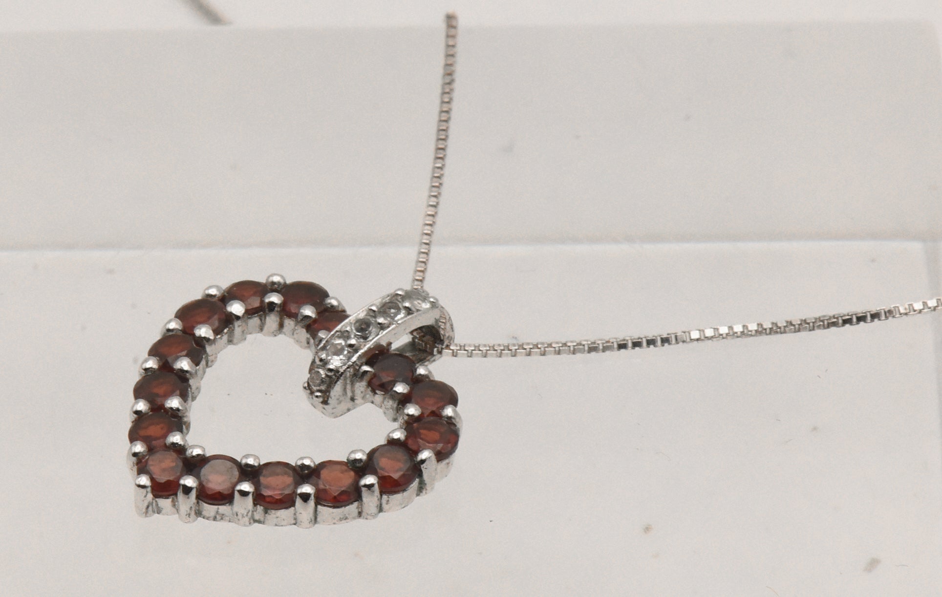 Vintage Sterling Silver Red Garnet and Colorless Topaz Heart Pendant on Sterling Chain Necklace - 18.25"