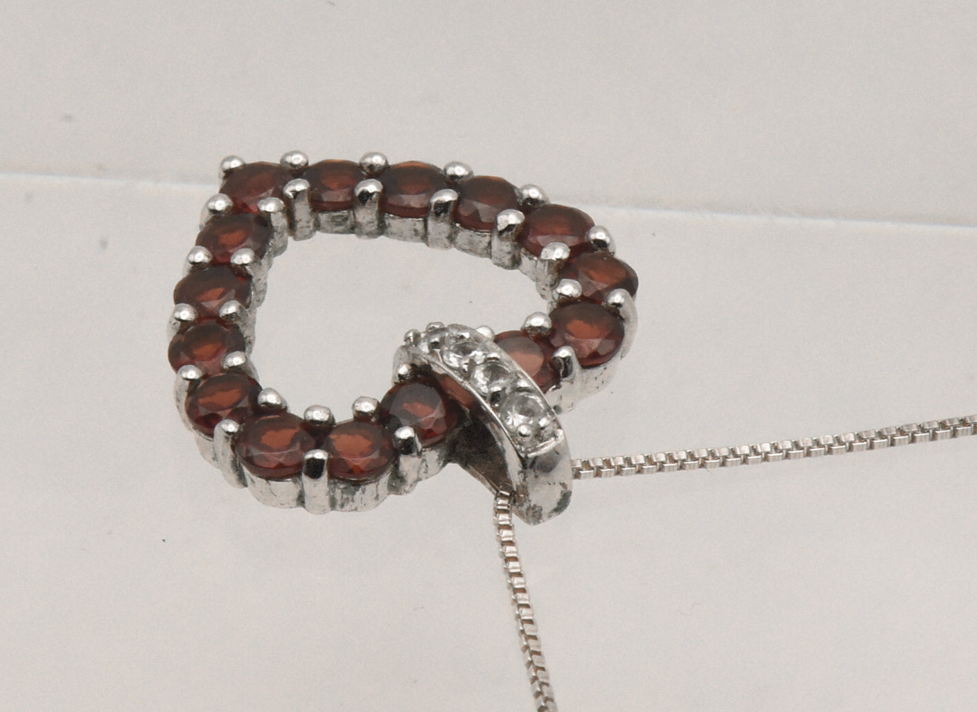Vintage Sterling Silver Red Garnet and Colorless Topaz Heart Pendant on Sterling Chain Necklace - 18.25"